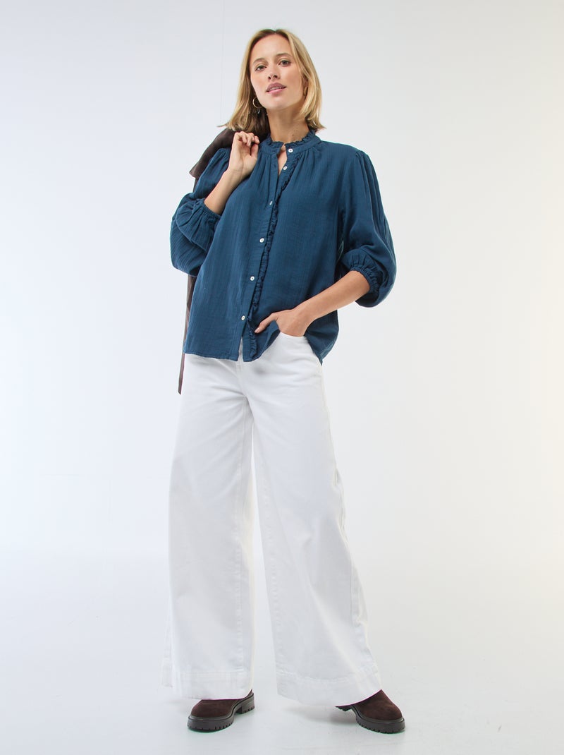 Blouse van katoengaas met golvende randen Blauw - Kiabi