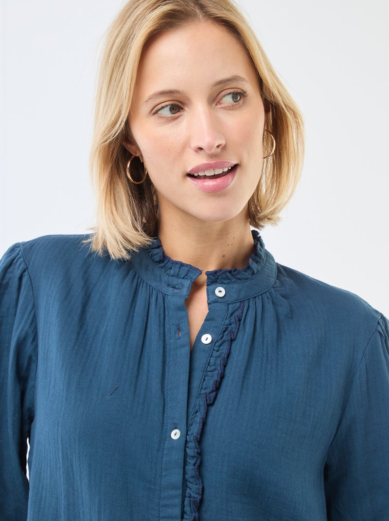 Blouse van katoengaas met golvende randen Blauw - Kiabi