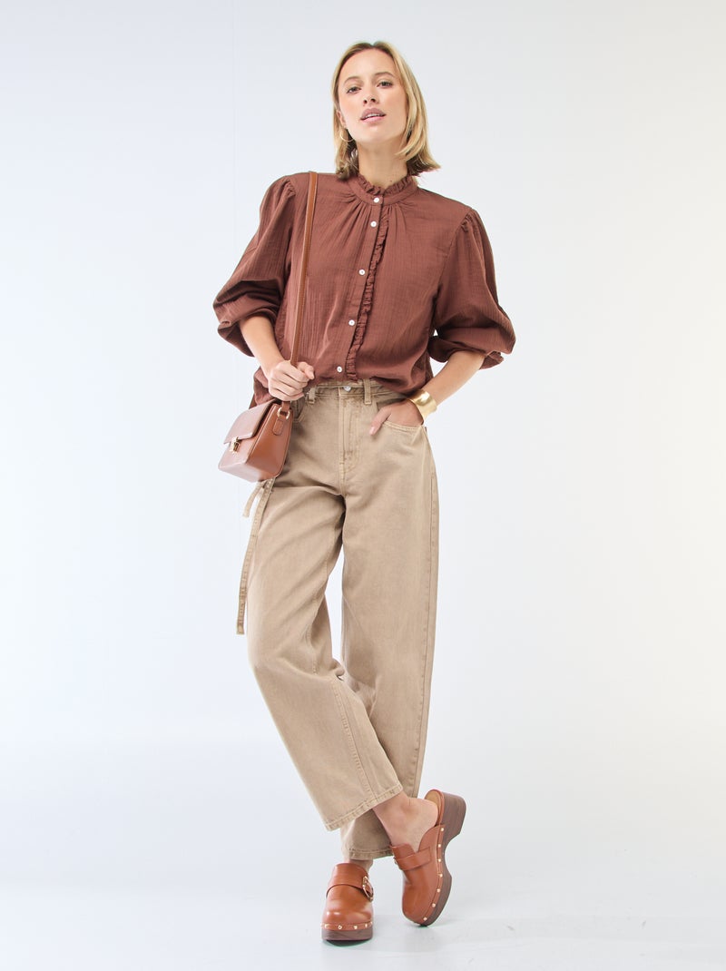 Blouse van katoengaas met golvende randen Bruin - Kiabi