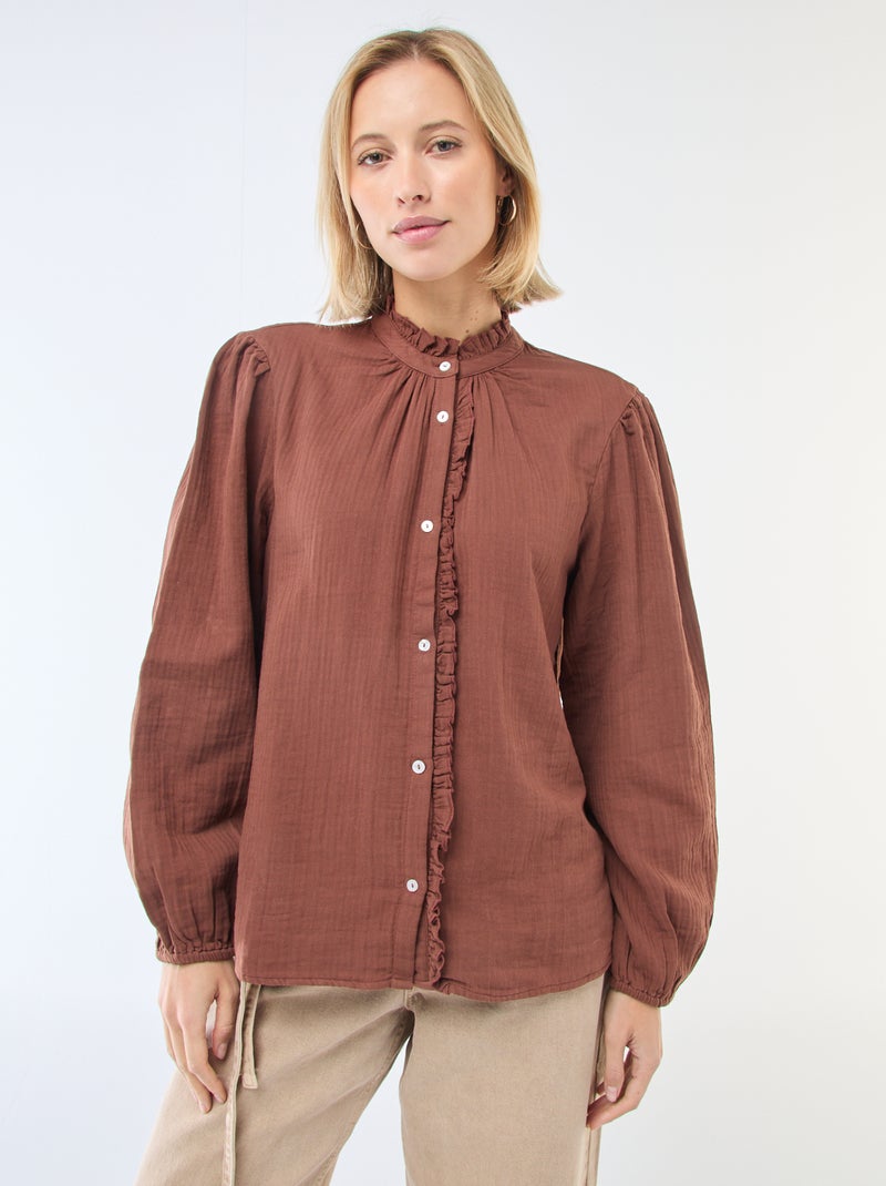 Blouse van katoengaas met golvende randen Bruin - Kiabi