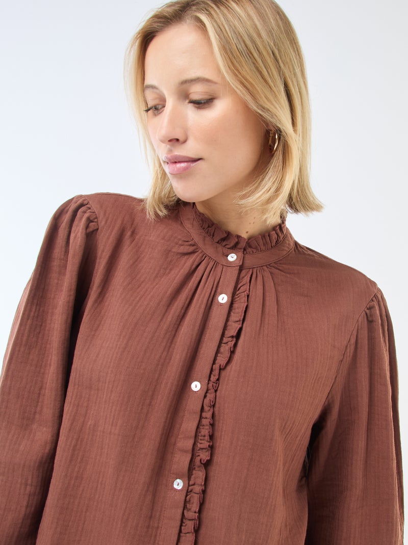 Blouse van katoengaas met golvende randen Bruin - Kiabi