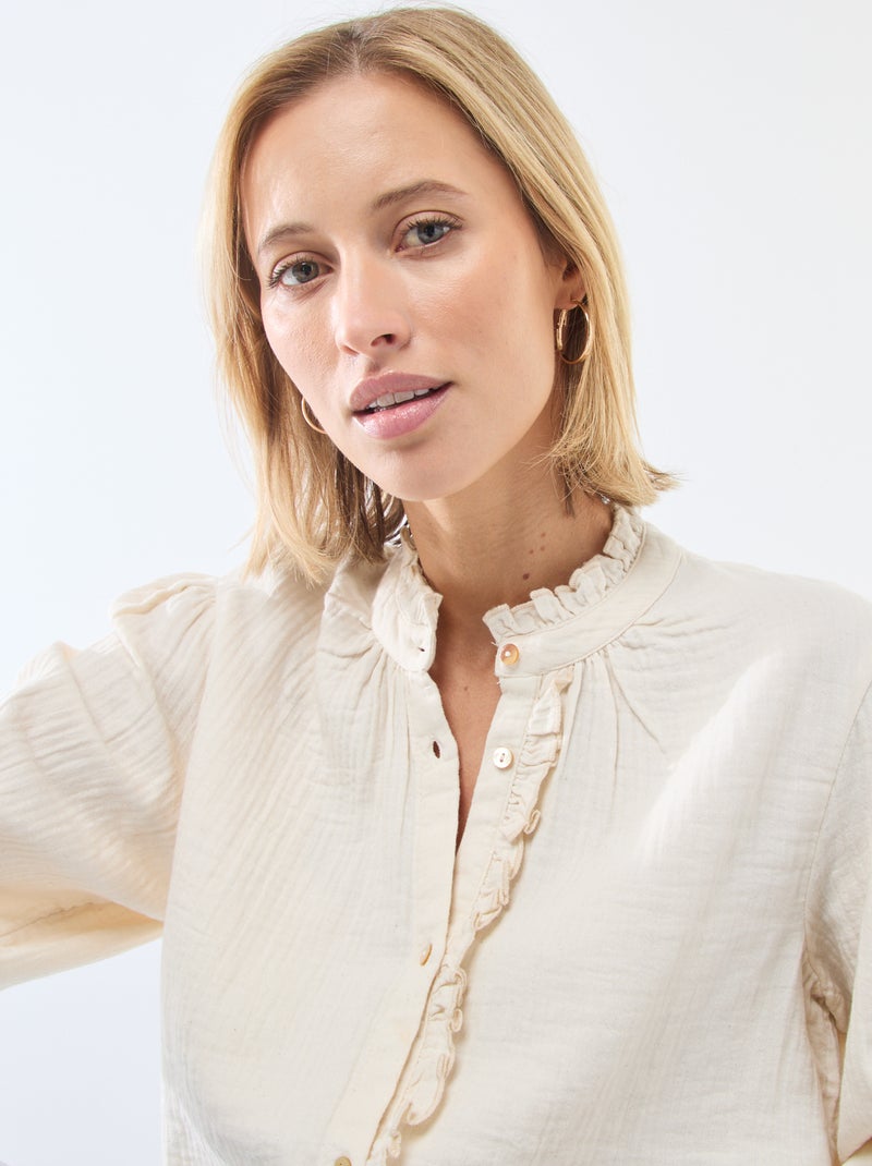 Blouse van katoengaas met golvende randen Wit - Kiabi