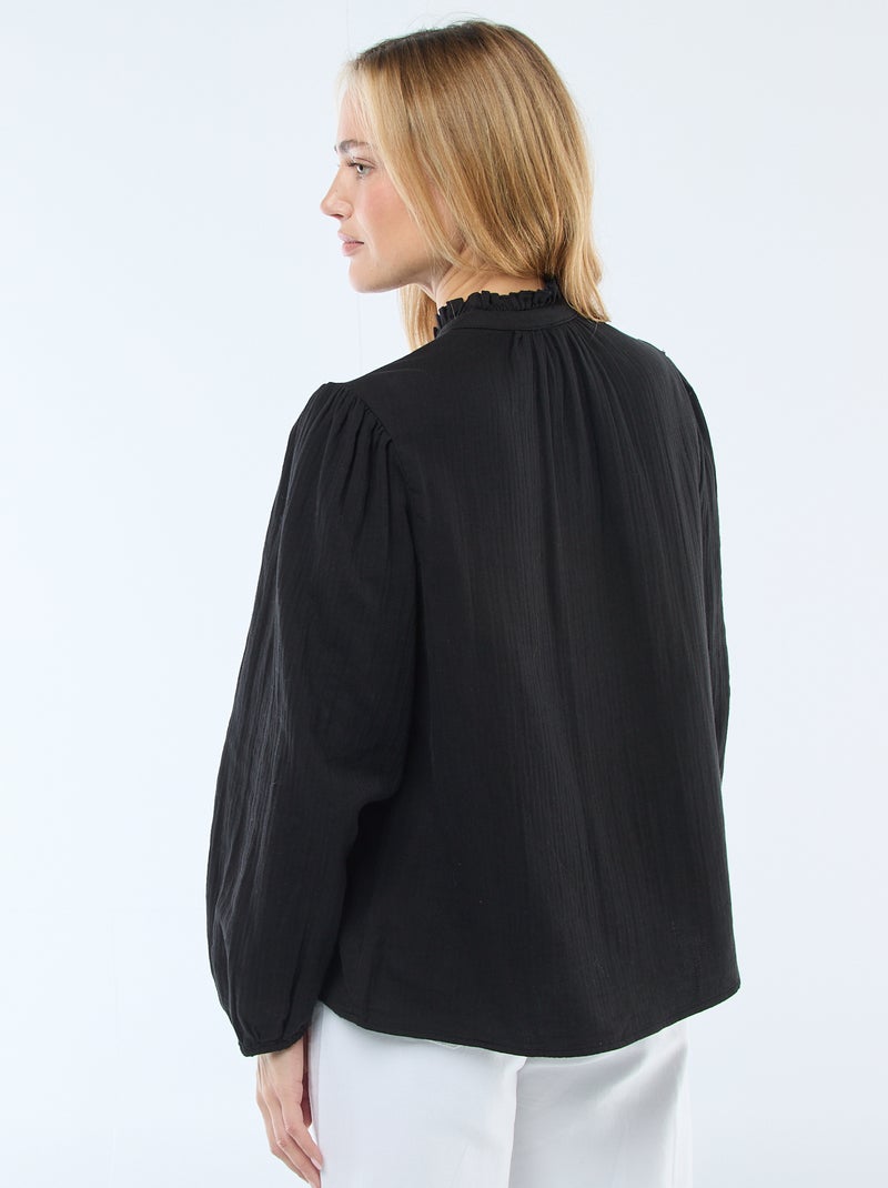 Blouse van katoengaas met golvende randen Zwart - Kiabi