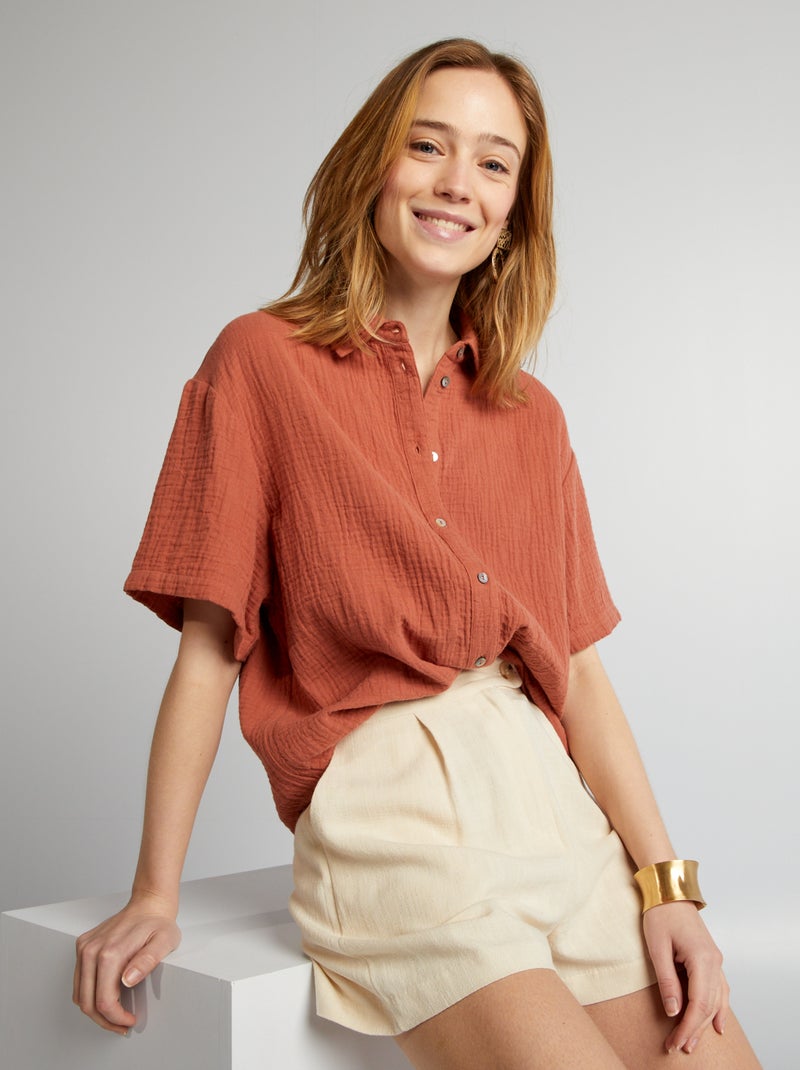 Blouse van luchtig katoen met korte mouwen BRUIN - Kiabi
