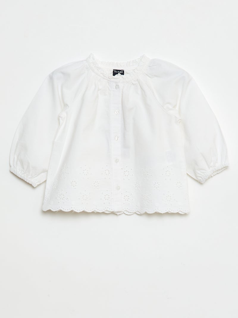 Blouse van poplin met borduursels en ruchekraagje Wit - Kiabi