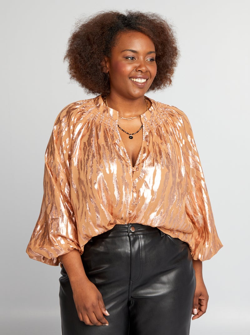 Blouse van satijnglans met pofmouwen ORANJE - Kiabi