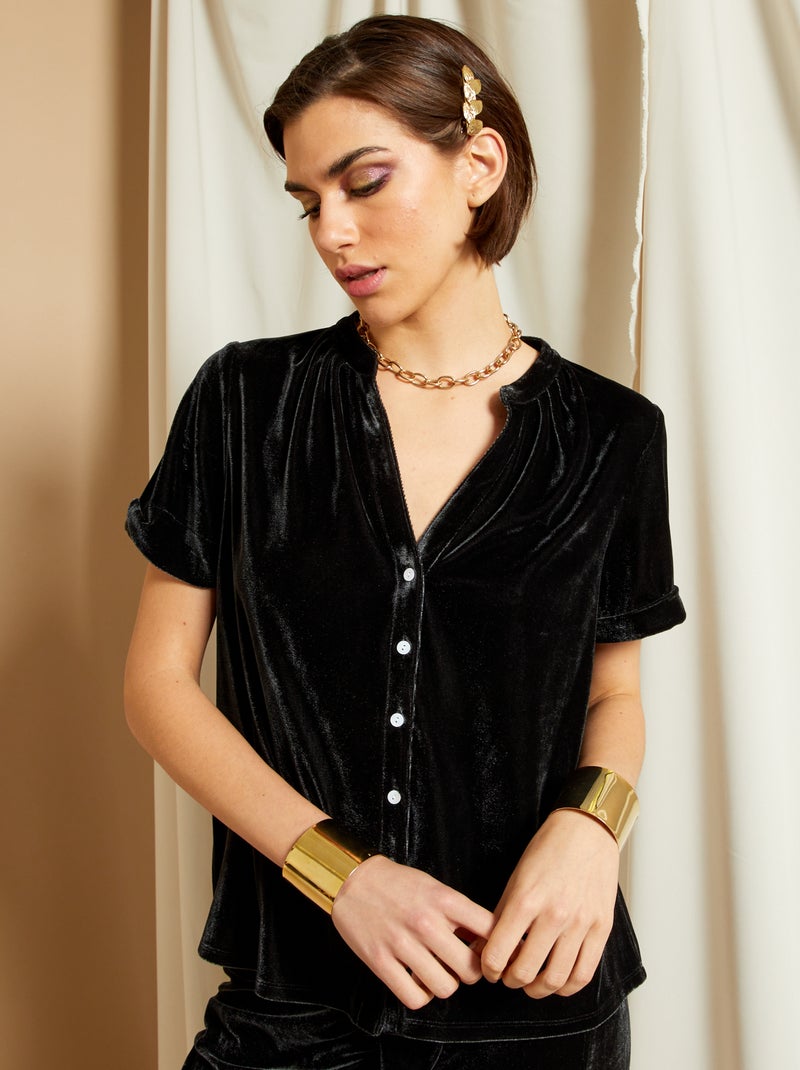 Blouse van velours met korte mouw zwart - Kiabi