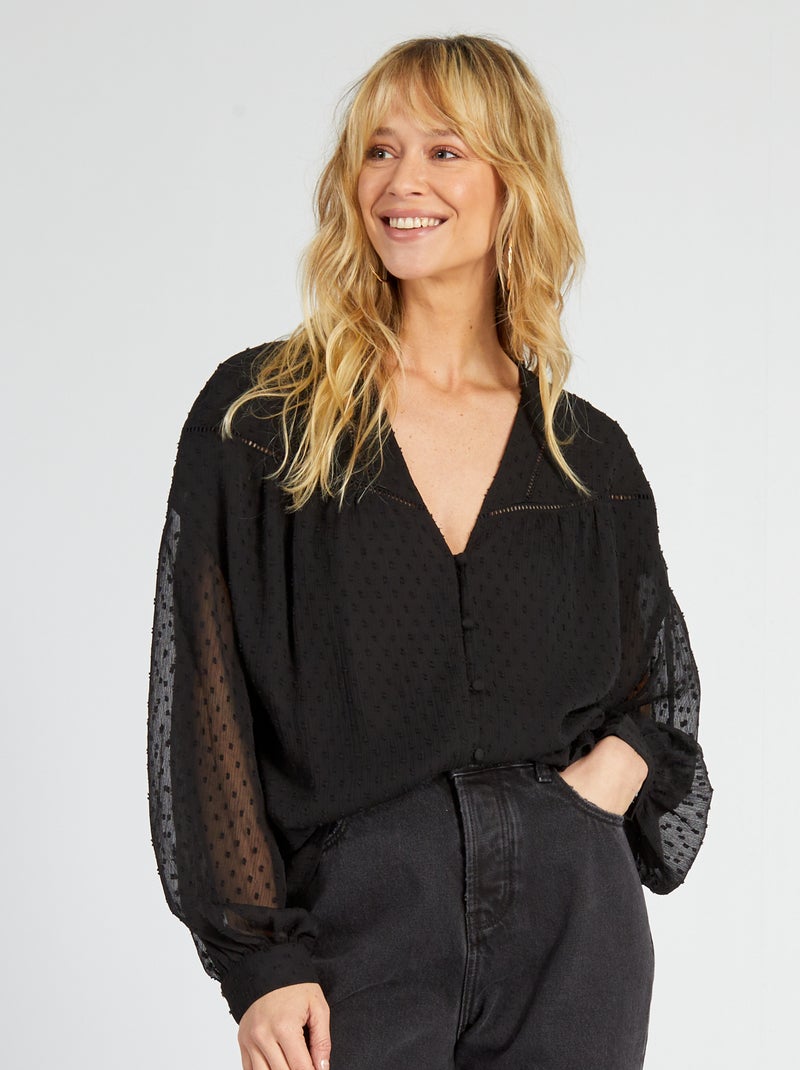 Blouse van voile met bolletjestule zwart - Kiabi