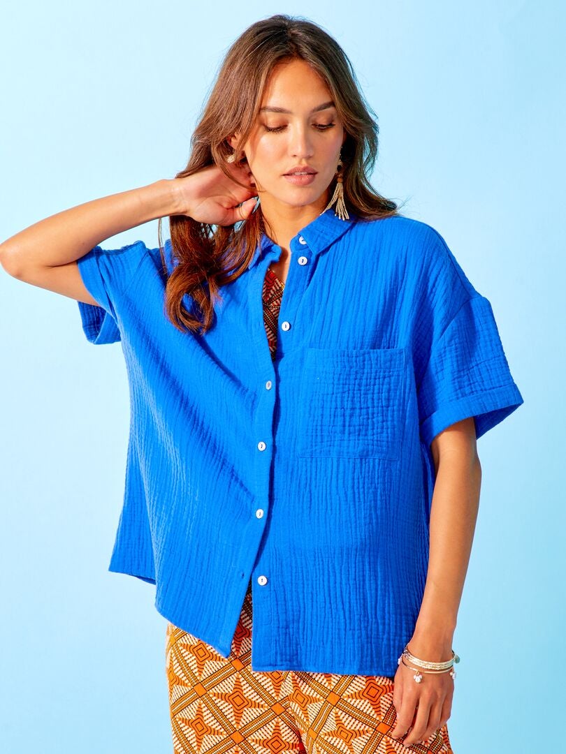 Blouse van zachte, luchtige katoen BLAUW - Kiabi