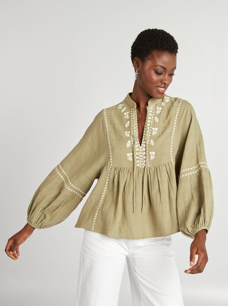Blouse van zachte, luchtige katoen GROEN - Kiabi