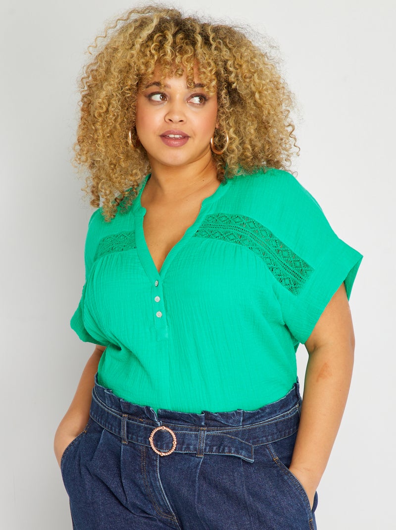 Blouse van zachte, luchtige katoen GROEN - Kiabi