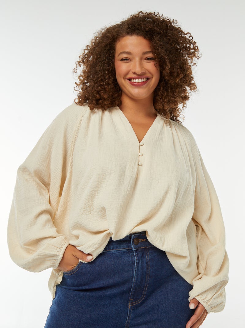 Blouse van zachte, luchtige katoen met pofmouwen Wit - Kiabi