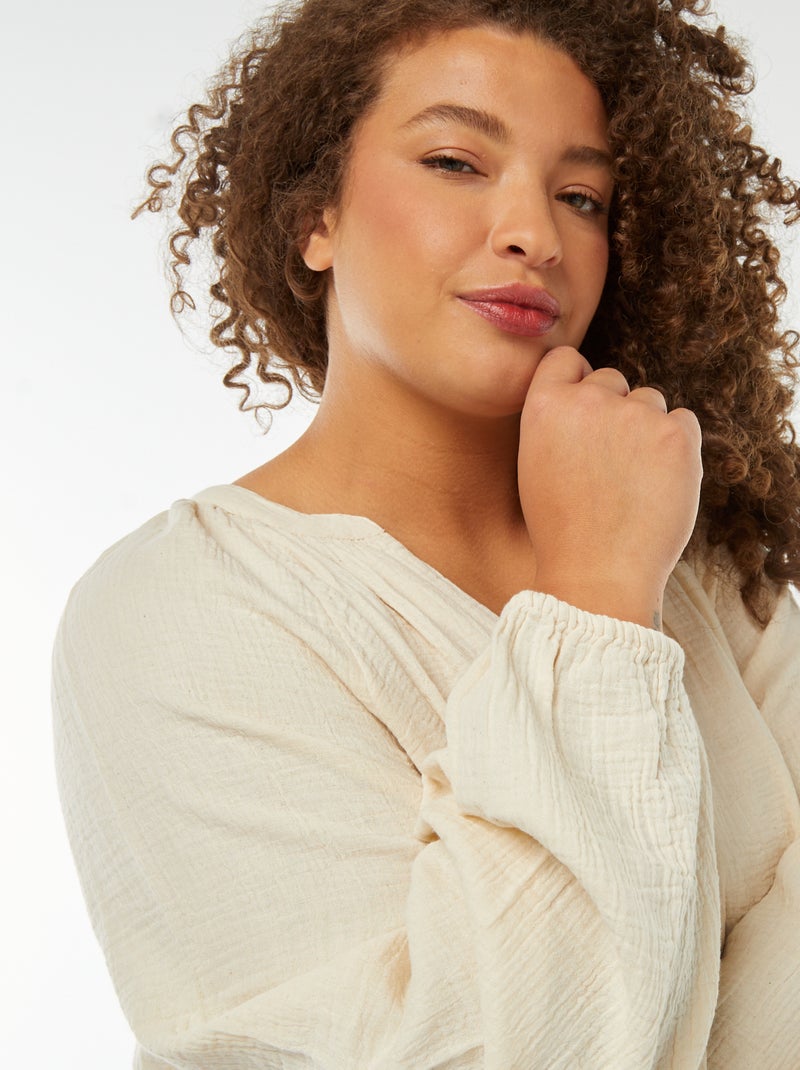 Blouse van zachte, luchtige katoen met pofmouwen Wit - Kiabi