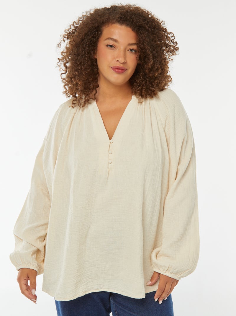 Blouse van zachte, luchtige katoen met pofmouwen Wit - Kiabi