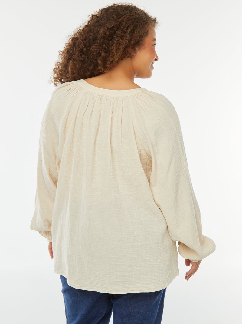 Blouse van zachte, luchtige katoen met pofmouwen Wit - Kiabi