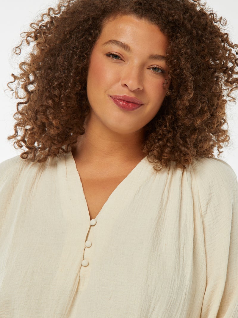 Blouse van zachte, luchtige katoen met pofmouwen Wit - Kiabi