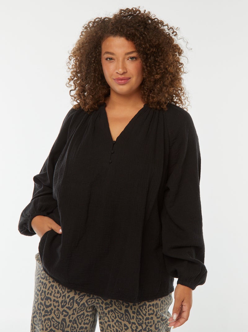 Blouse van zachte, luchtige katoen met pofmouwen zwart - Kiabi