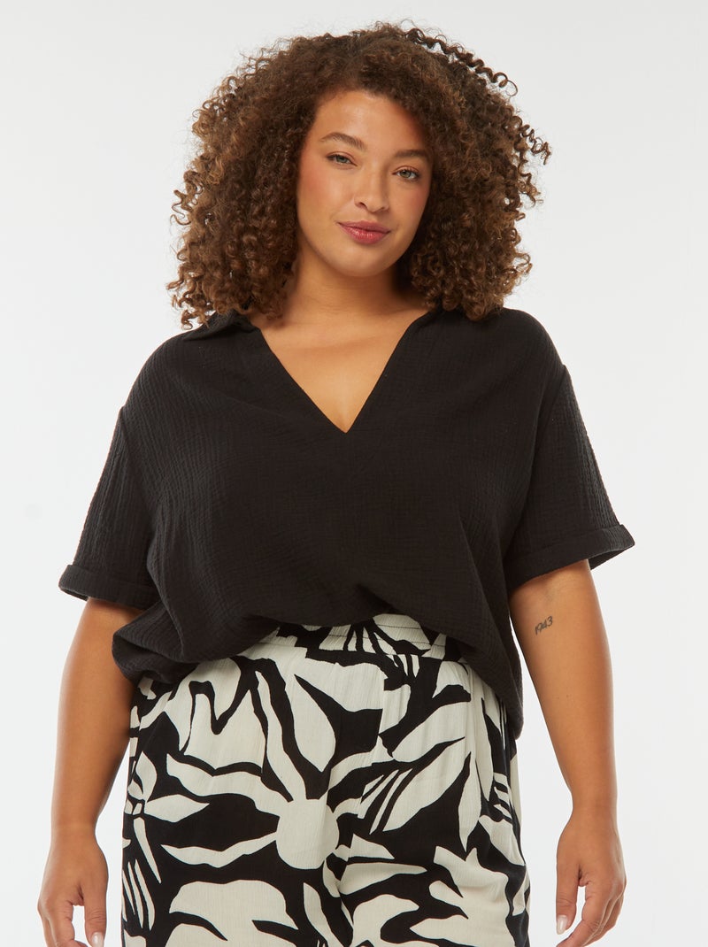 Blouse van zachte, luchtige katoen met polokraagje zwart - Kiabi