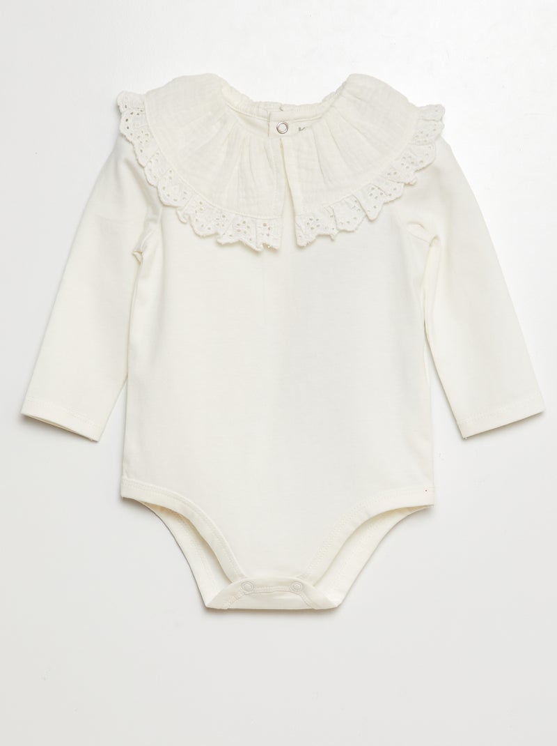 Body met kraagje van zachte, luchtige katoen met broderie anglaise WIT - Kiabi