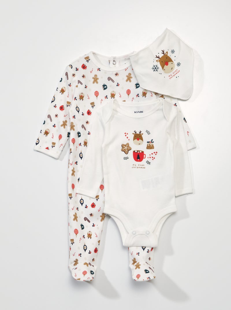 Body + pyjama + slabbetje in kerstthema WIT - Kiabi