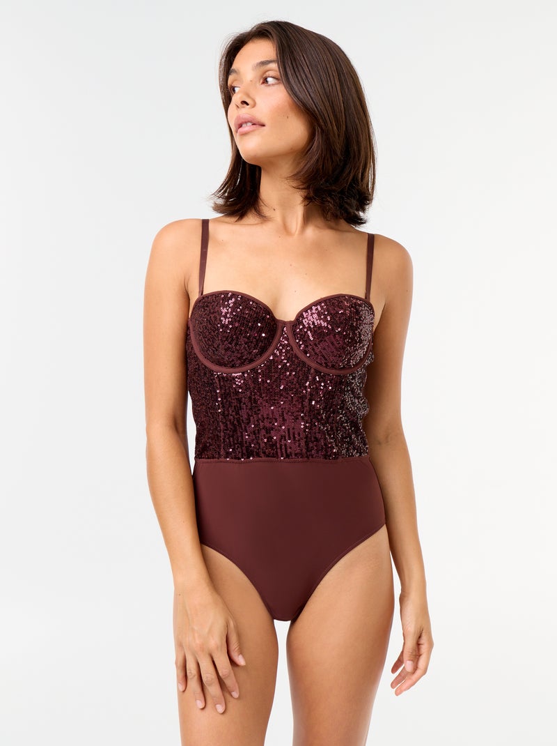 Body van microvezel en pailletten Donkerbruin - Kiabi