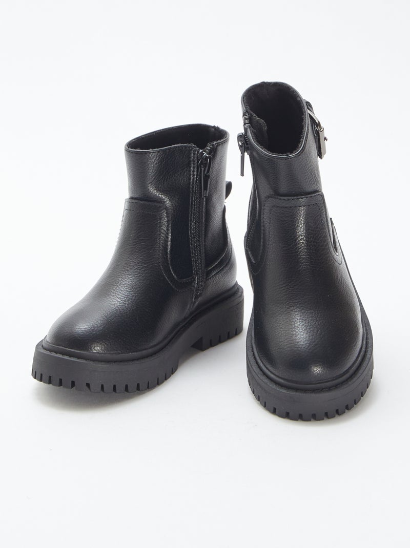 Boots van imitatieleer met textuur en metallic gesp Zwart - Kiabi