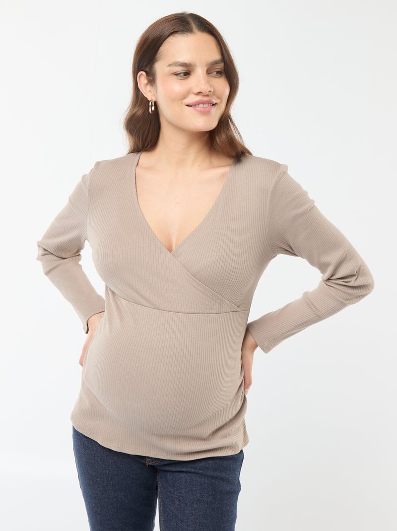 Borstvoedings-T-shirt met overslag Biege - Kiabi