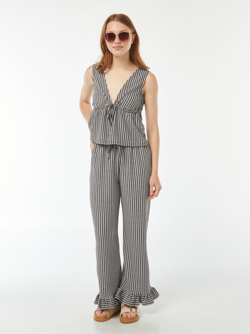 Broek met vichyruitjes en ruche Zwart - Kiabi