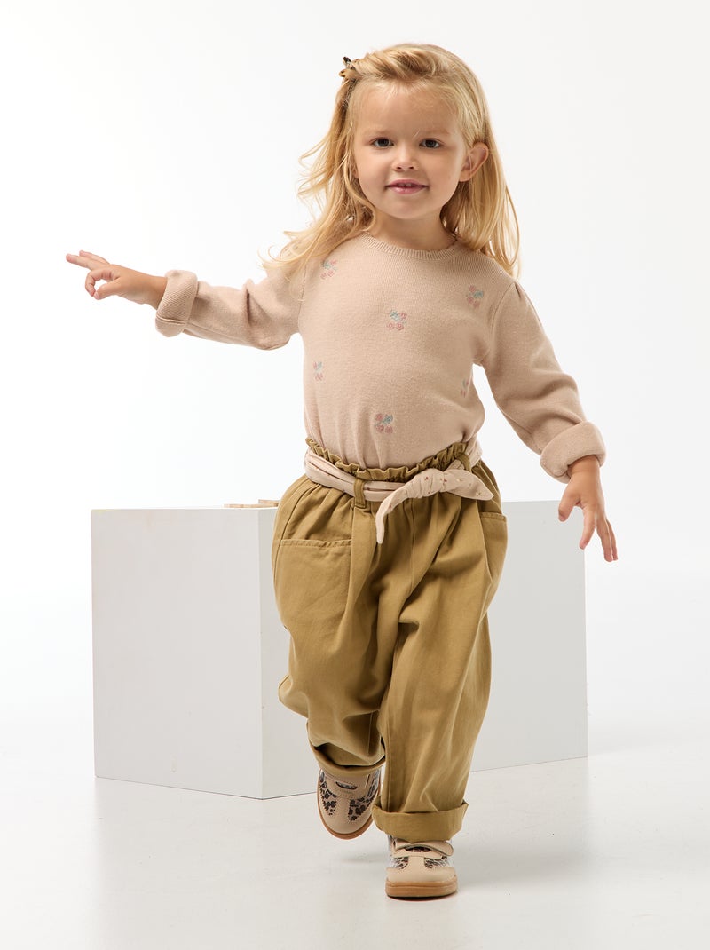 Broek van keperstof met ceintuur Biege - Kiabi