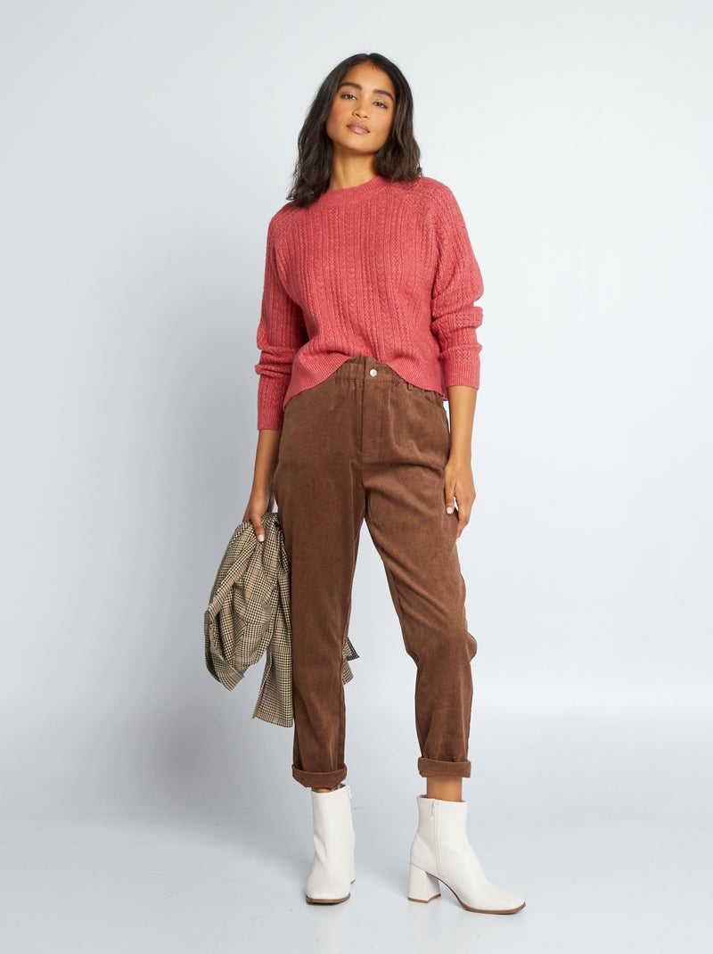 Broek van velours met paperbagtaille BRUIN - Kiabi