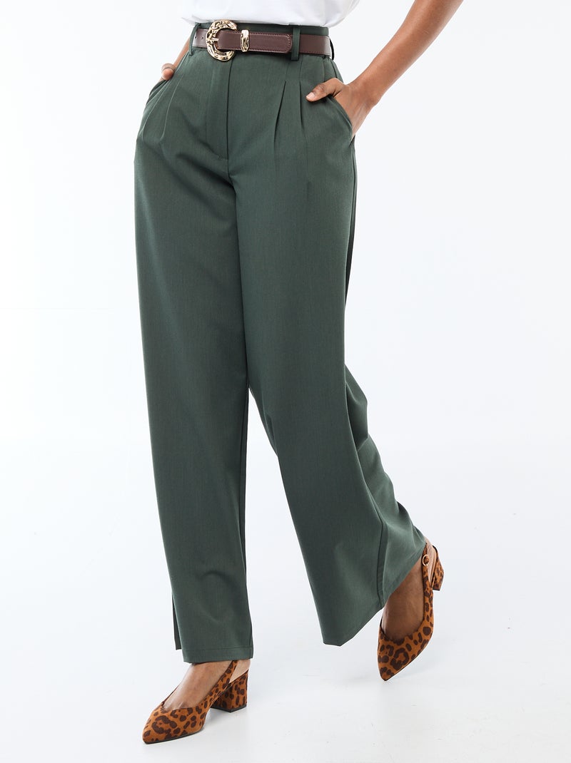 City broek met wijde pijpen en riem Groen - Kiabi