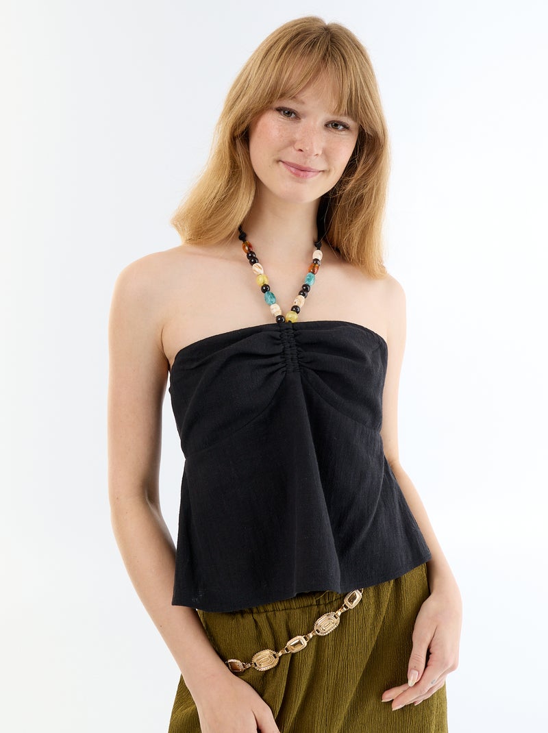 Crop top van linnenmix met parels Zwart - Kiabi