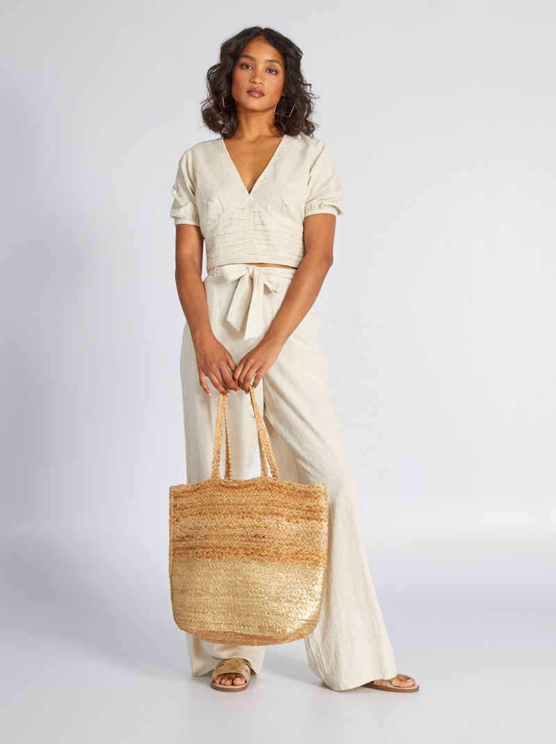 Cropped linnen blouse met diepe halslijn BIEGE - Kiabi