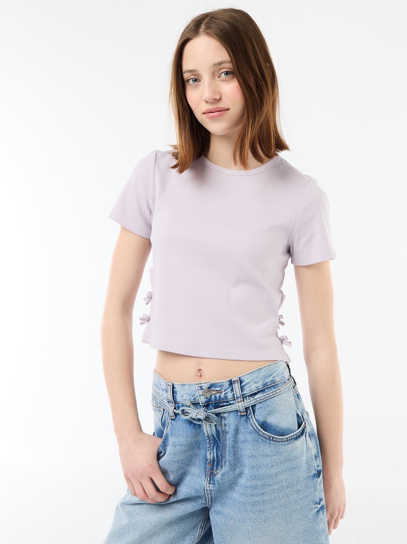 Cropped rib T-shirt met knoopjes Paars - Kiabi