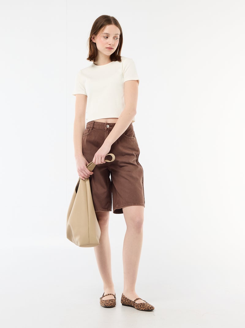 Cropped rib T-shirt met knoopjes Wit - Kiabi