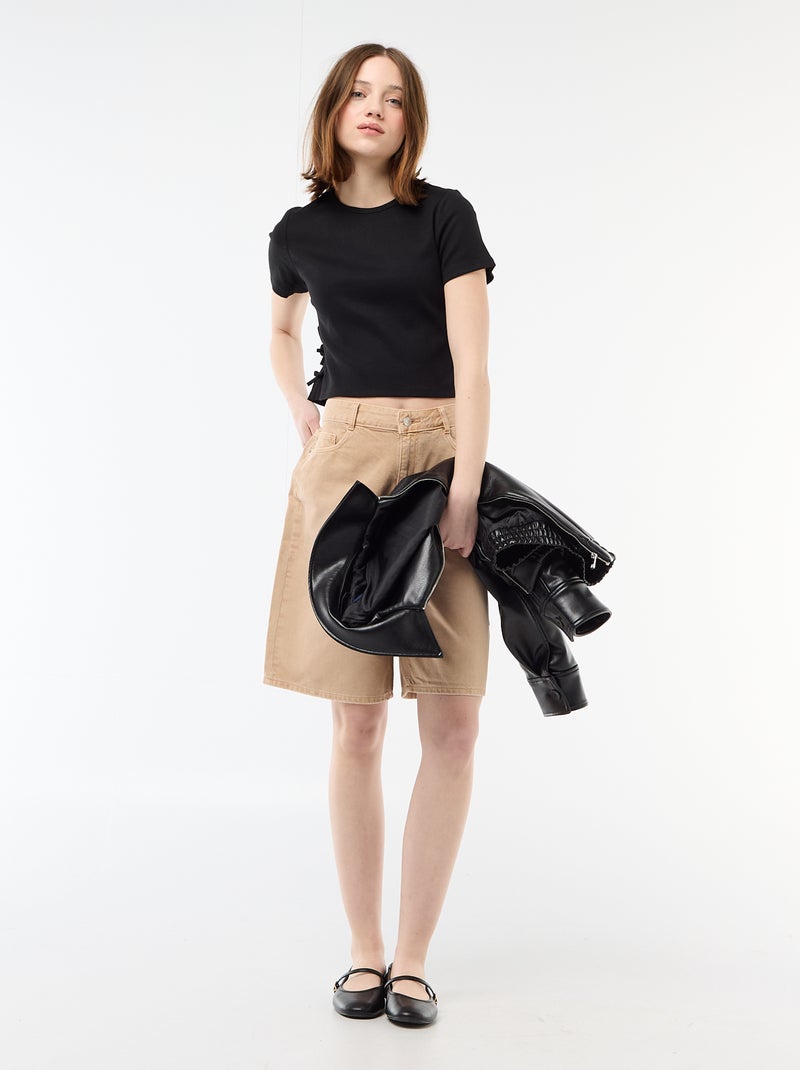 Cropped rib T-shirt met knoopjes Zwart - Kiabi