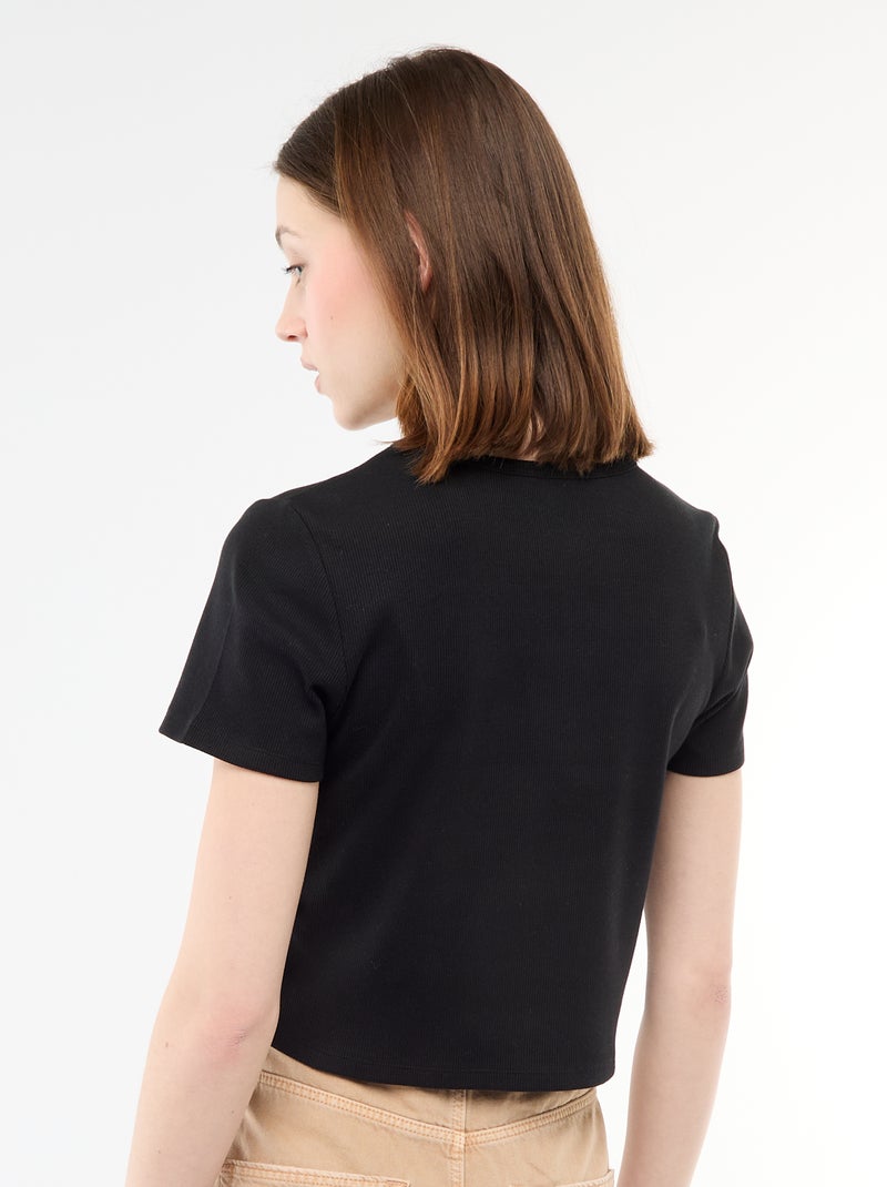 Cropped rib T-shirt met knoopjes Zwart - Kiabi