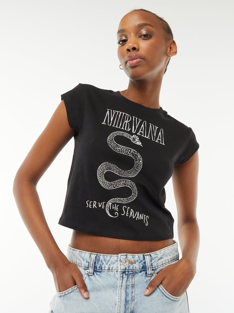 Cropped T-shirt met korte mouwen en 'Nirvana'-print zwart - Kiabi