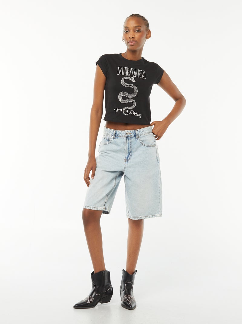 Cropped T-shirt met korte mouwen en 'Nirvana'-print zwart - Kiabi