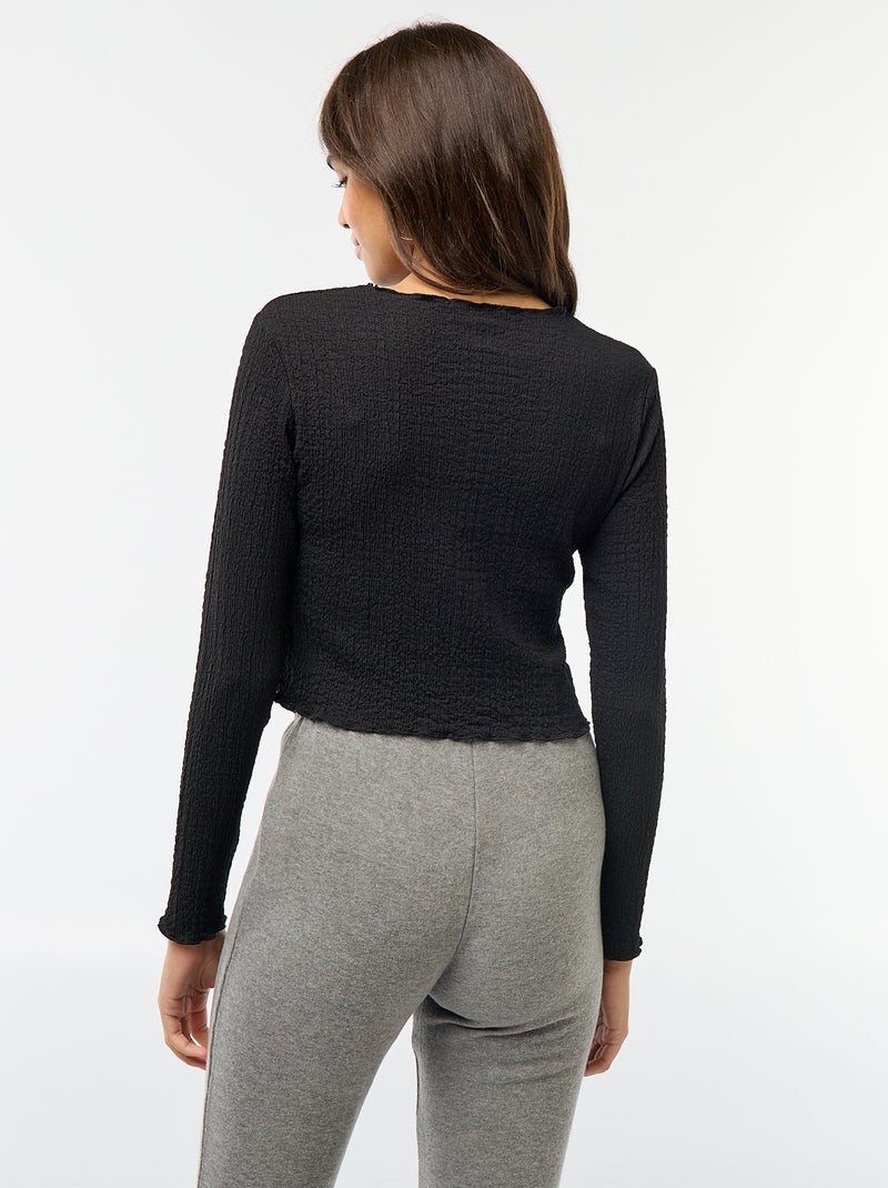 Cropped T-shirt met lange mouwen en kreukstof zwart - Kiabi