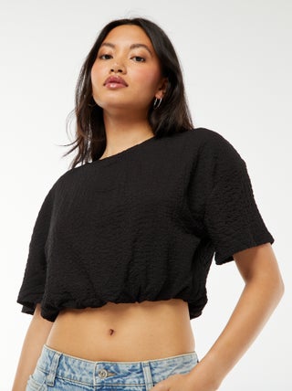 Cropped T-shirt van gewafeld tricot