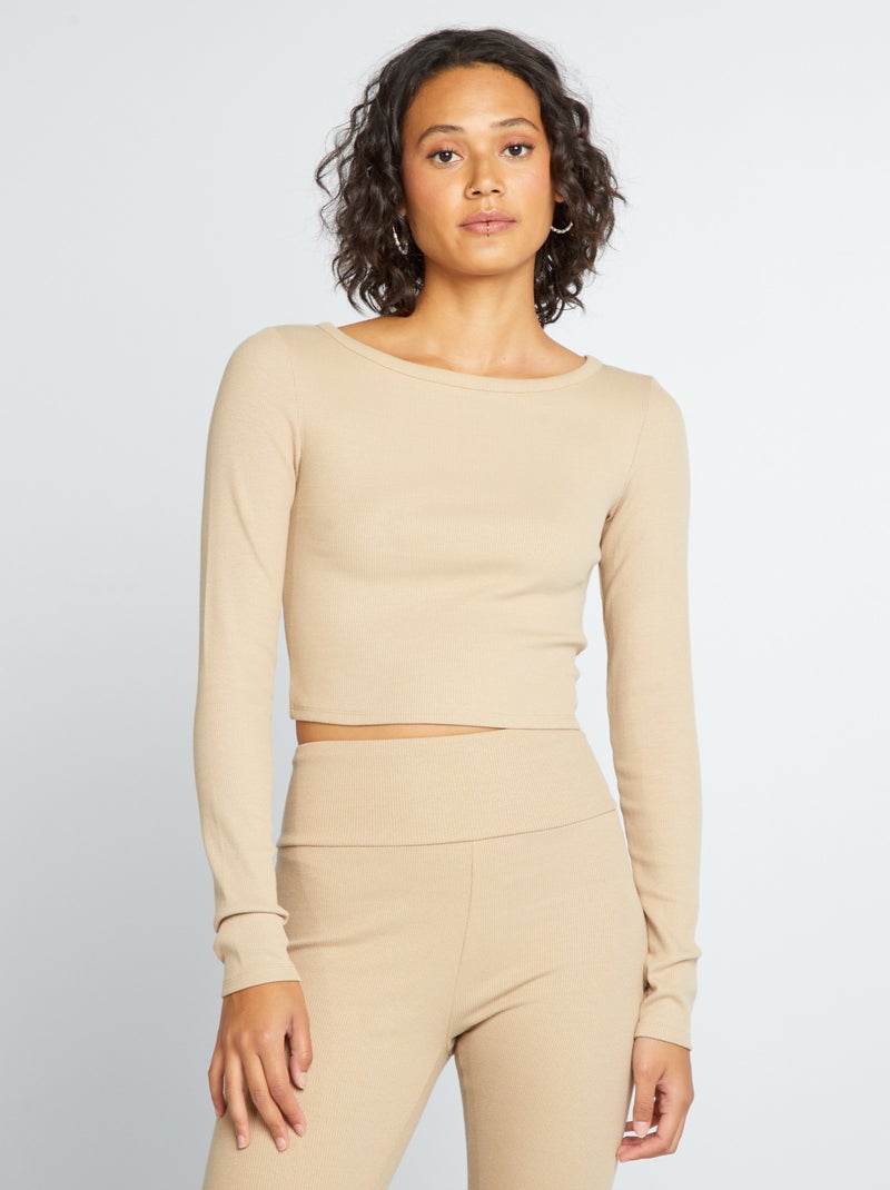 Cropped T-shirt van ribstof BIEGE - Kiabi