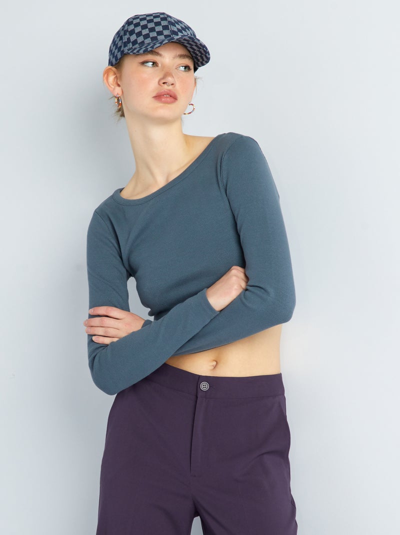 Cropped T-shirt van ribstof GRIJS - Kiabi