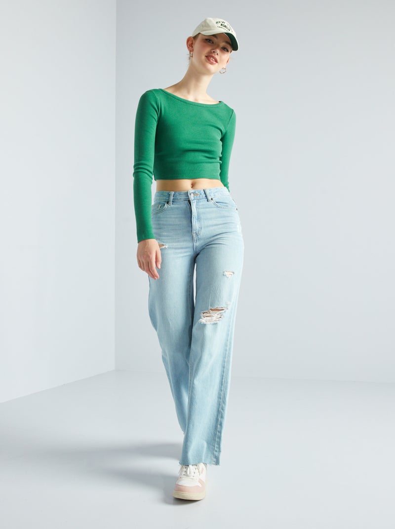 Cropped T-shirt van ribstof GROEN - Kiabi