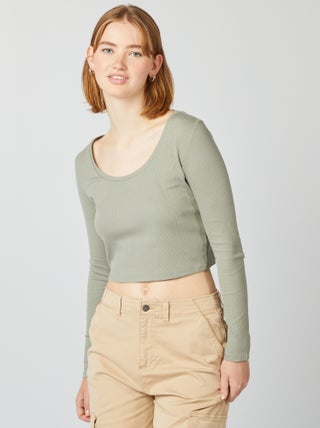 Cropped T-shirt van ribstof