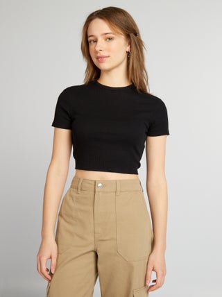 Cropped T-shirt van ribstof met lintjes