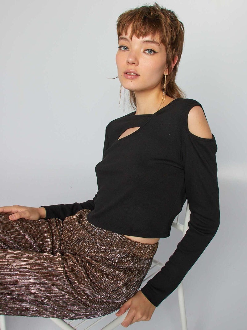 Croptop met lange mouw en openingen zwart - Kiabi