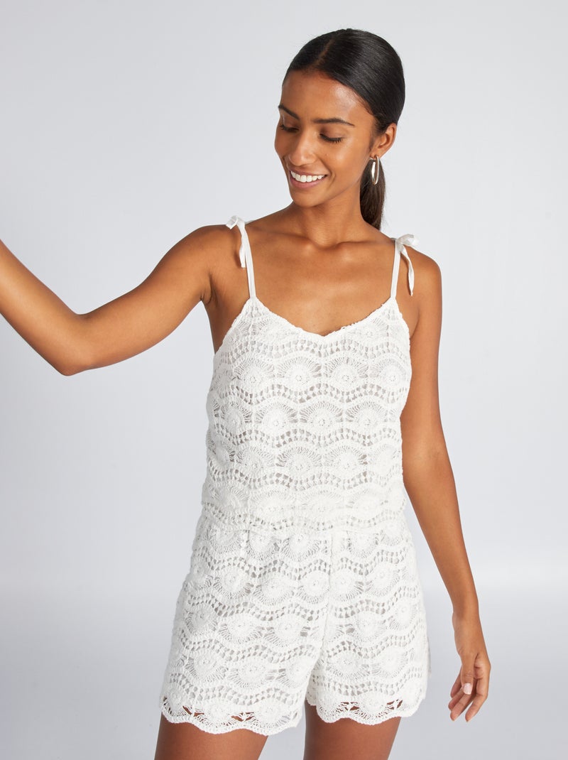 Croptop van macramé met schouderbandjes met strikdetail WIT - Kiabi