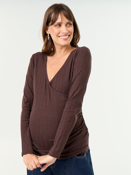 Dames-T-shirt van katoen met 2x2-ribstof en lange mouwen - Kiabi