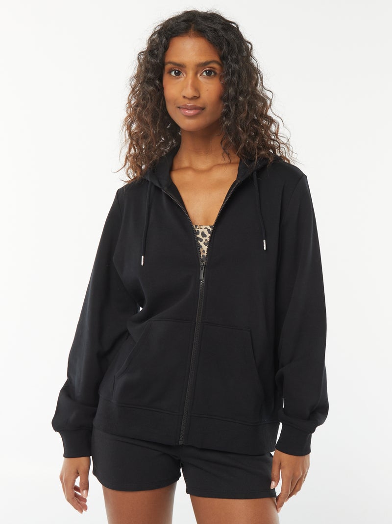 Damesvest van sweatstof met rits en capuchon zwart - Kiabi